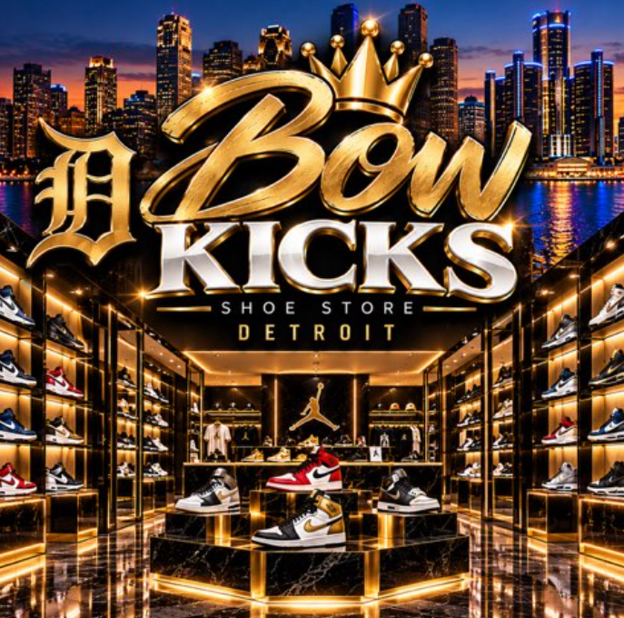 Bow Kicks shoe store Detroit, gold crown logo over the city skyline and a lit sneaker wall